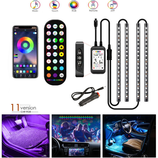 Lámpara LED para interior de coche, resistente al agua, con control, música, tira de luces RGB.